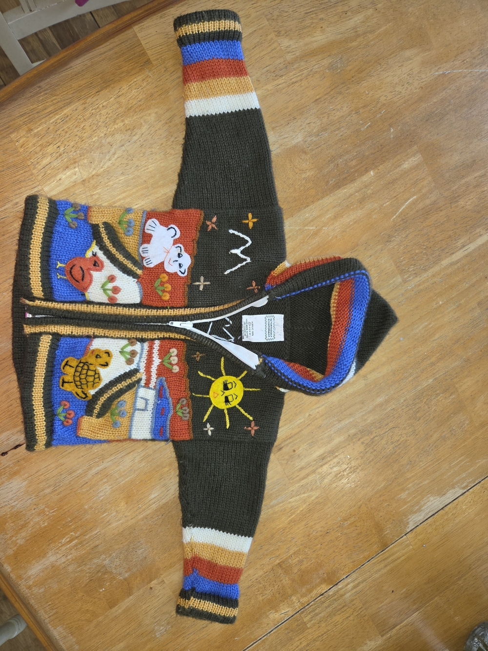 Colorful Hand-Knit Zip Hoodie with Playful Folk Art Motifs